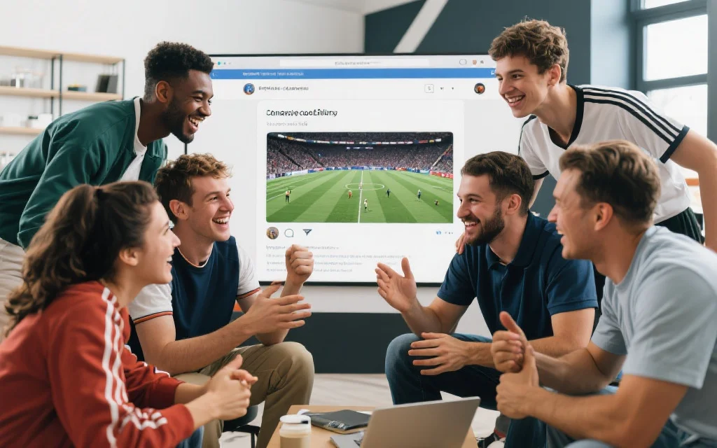 一群体育爱好者在现代风格的线上社区界面上热烈讨论比赛，每个人表情丰富，氛围友好